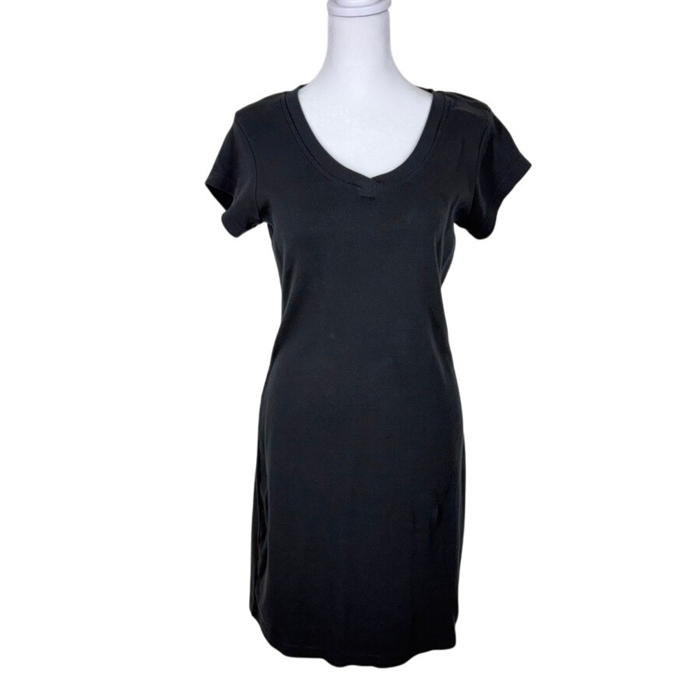 Newport News Womens T-Shirt Dress Small Black Casual V-Neck Short Sleeve Cotton